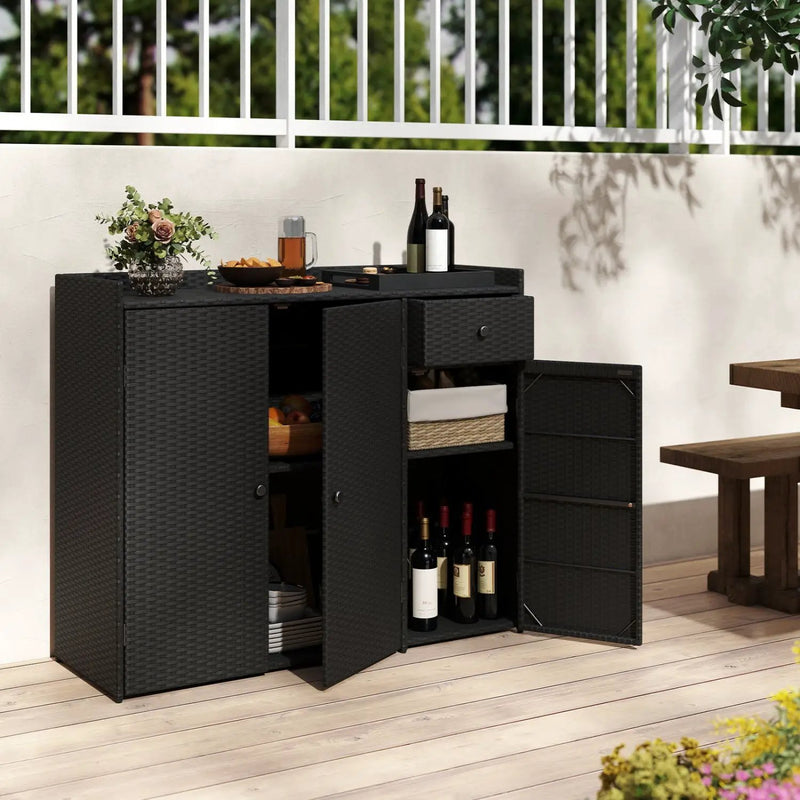 Outdoor PE Wicker Storage Cabinet with 3 Doors and Drawer by DirectDeals