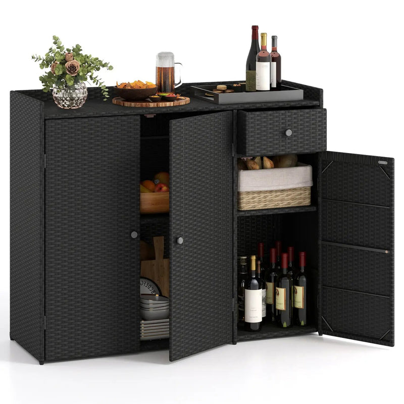 Outdoor PE Wicker Storage Cabinet with 3 Doors and Drawer by DirectDeals