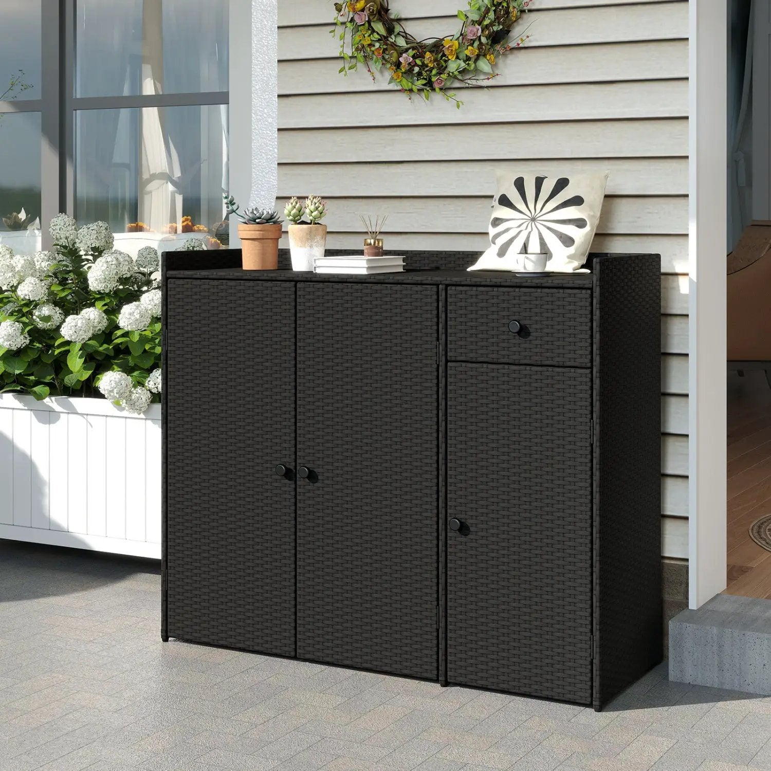 Outdoor PE Wicker Storage Cabinet with 3 Doors and Drawer by DirectDeals