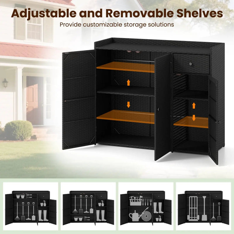 Outdoor PE Wicker Storage Cabinet with 3 Doors and Drawer by DirectDeals