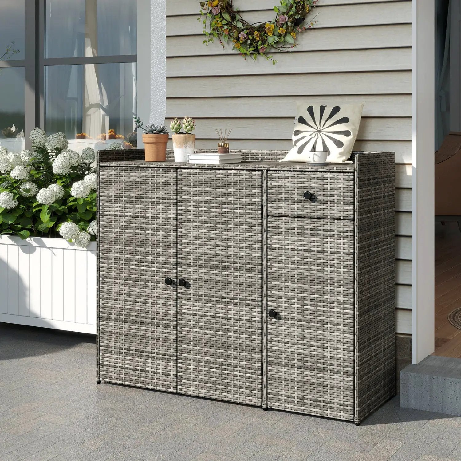 Outdoor PE Wicker Storage Cabinet with 3 Doors and Drawer by DirectDeals