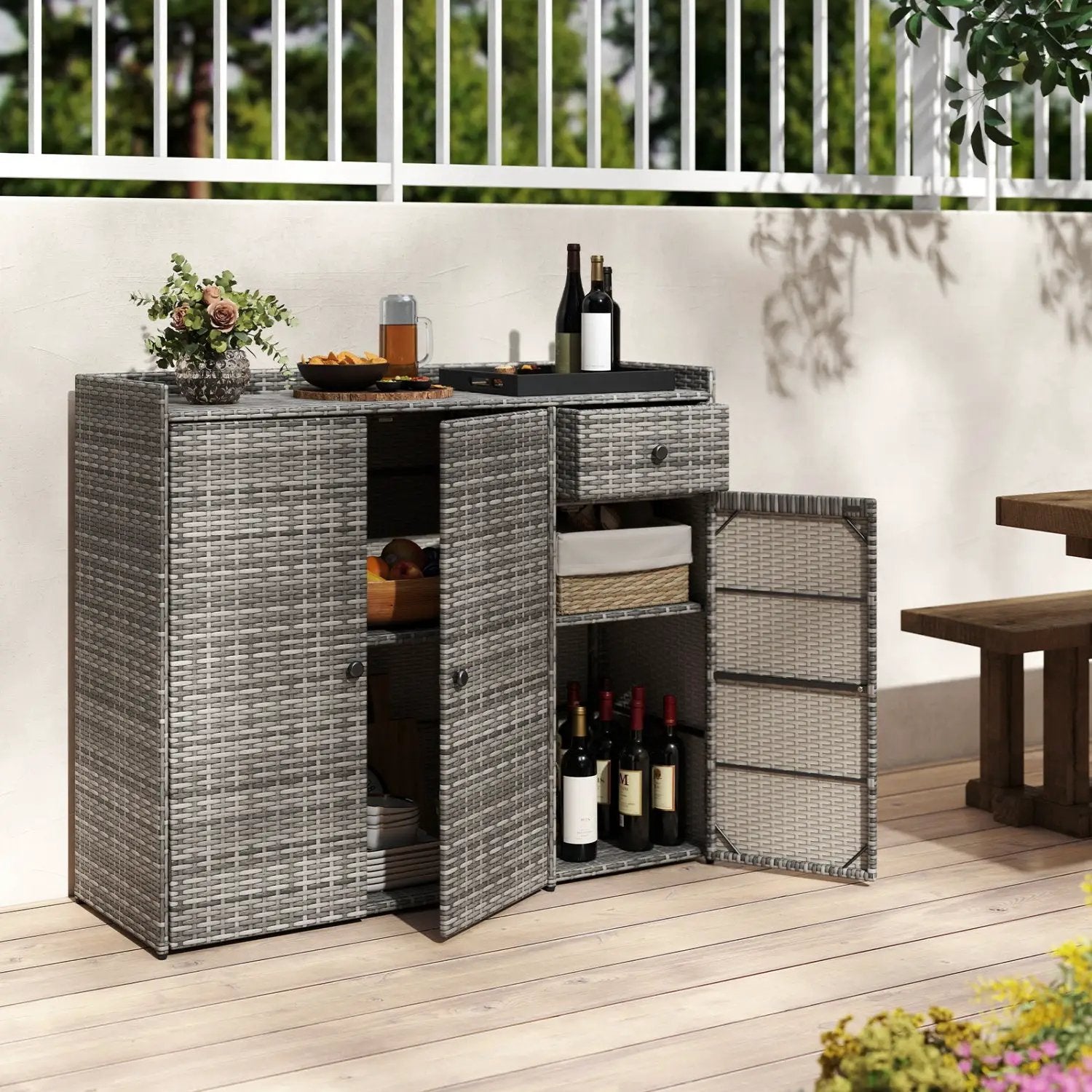 Outdoor PE Wicker Storage Cabinet with 3 Doors and Drawer by DirectDeals