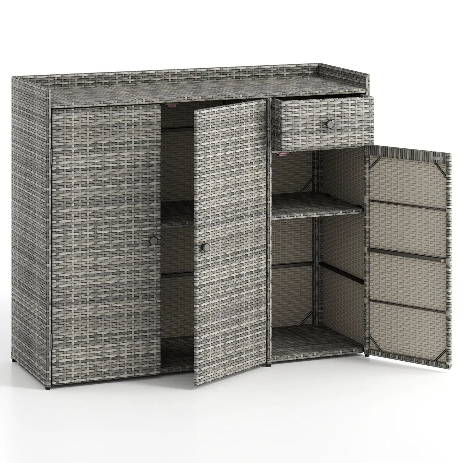 Outdoor PE Wicker Storage Cabinet with 3 Doors and Drawer by DirectDeals