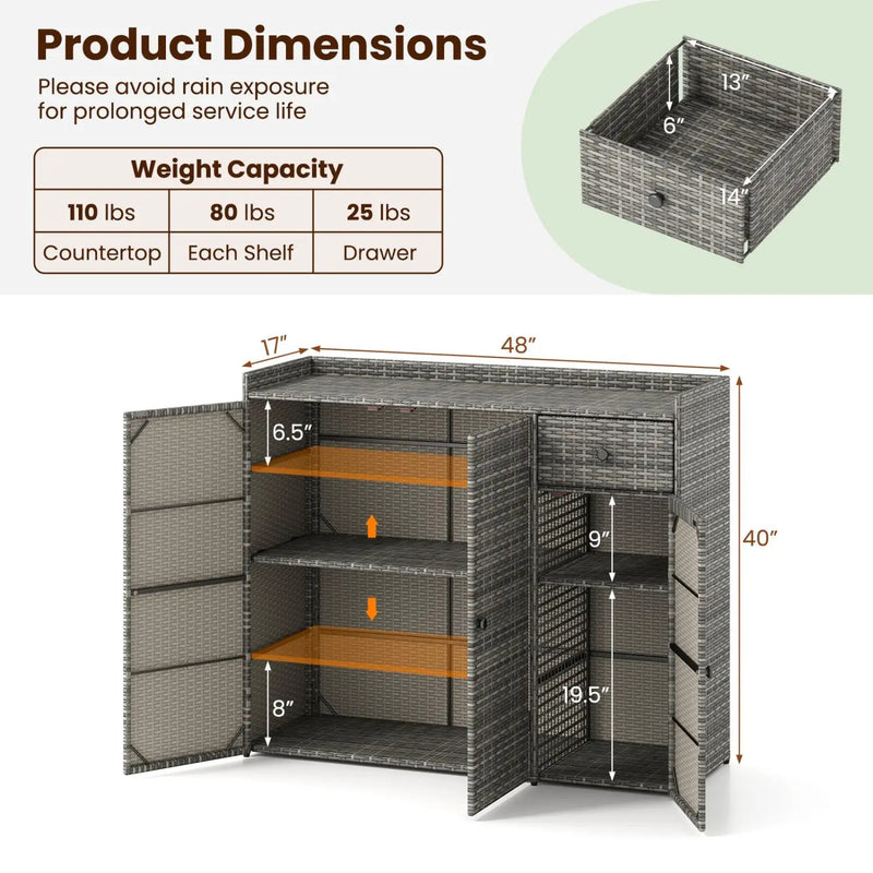 Outdoor PE Wicker Storage Cabinet with 3 Doors and Drawer by DirectDeals