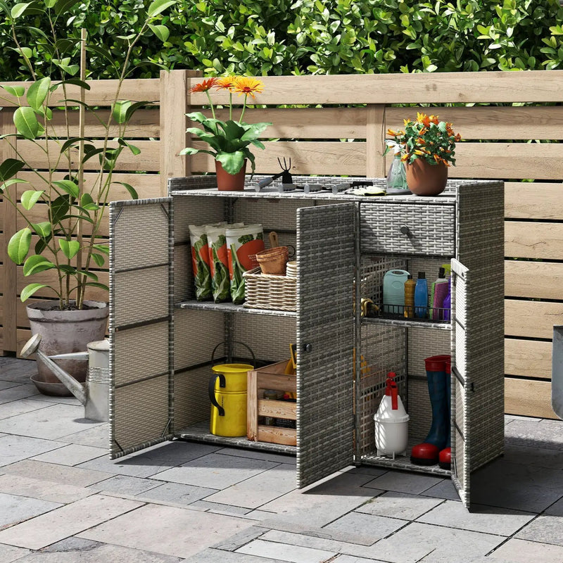 Outdoor PE Wicker Storage Cabinet with 3 Doors and Drawer by DirectDeals