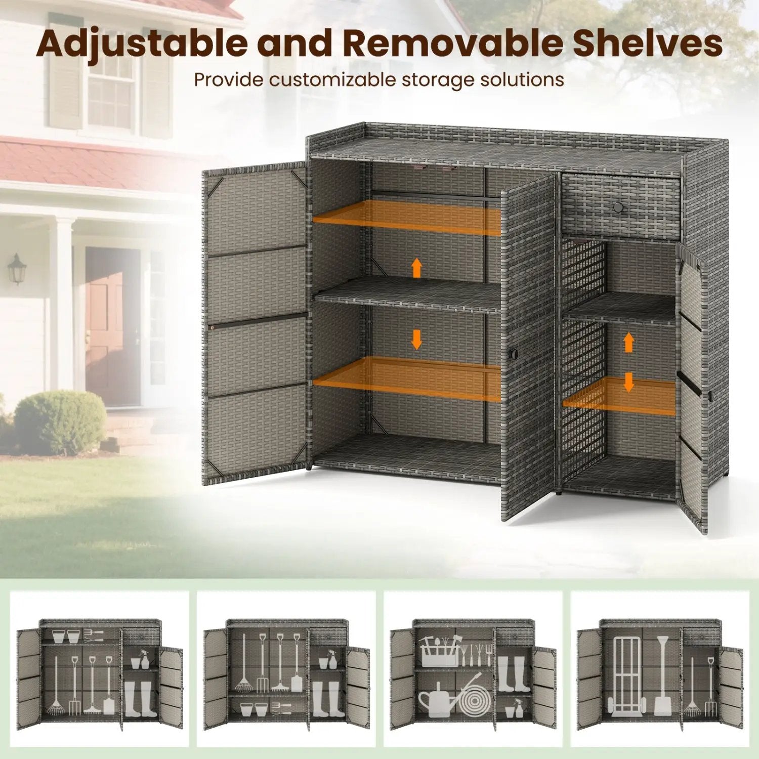 Outdoor PE Wicker Storage Cabinet with 3 Doors and Drawer by DirectDeals