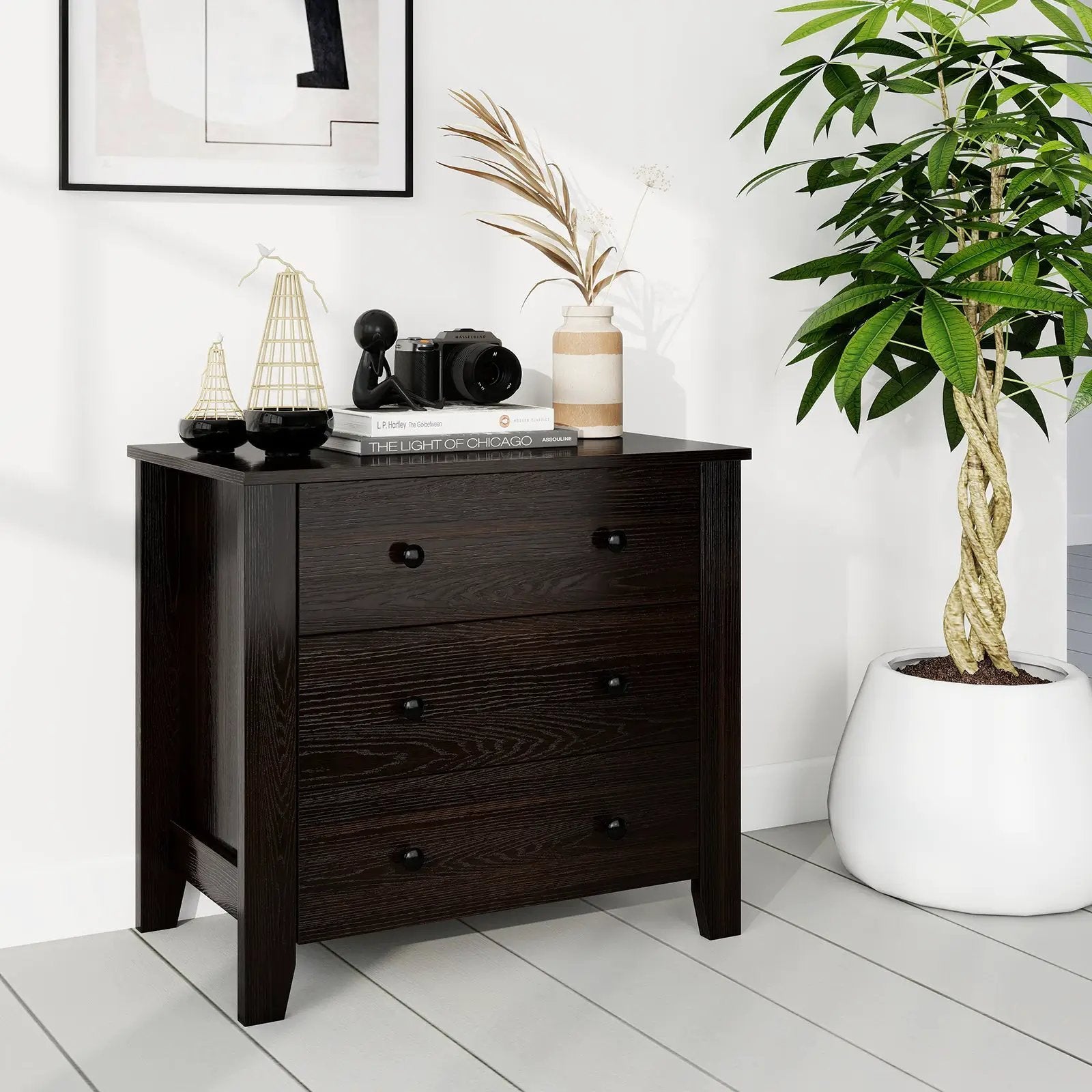 3-Drawer Dresser Wide Chest of Drawers Modern Large Nightstand Closet Storage Organizer-Dark Brown by DirectDeals