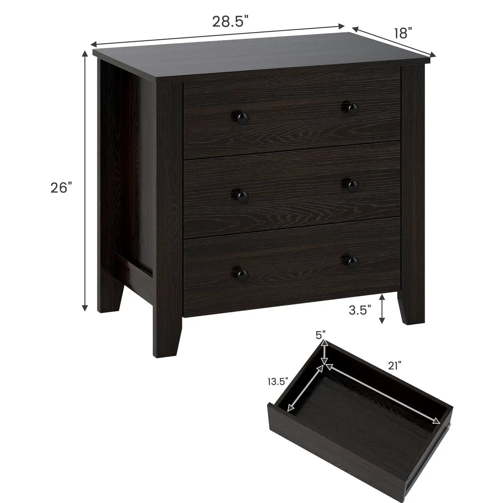 3-Drawer Dresser Wide Chest of Drawers Modern Large Nightstand Closet Storage Organizer-Dark Brown by DirectDeals