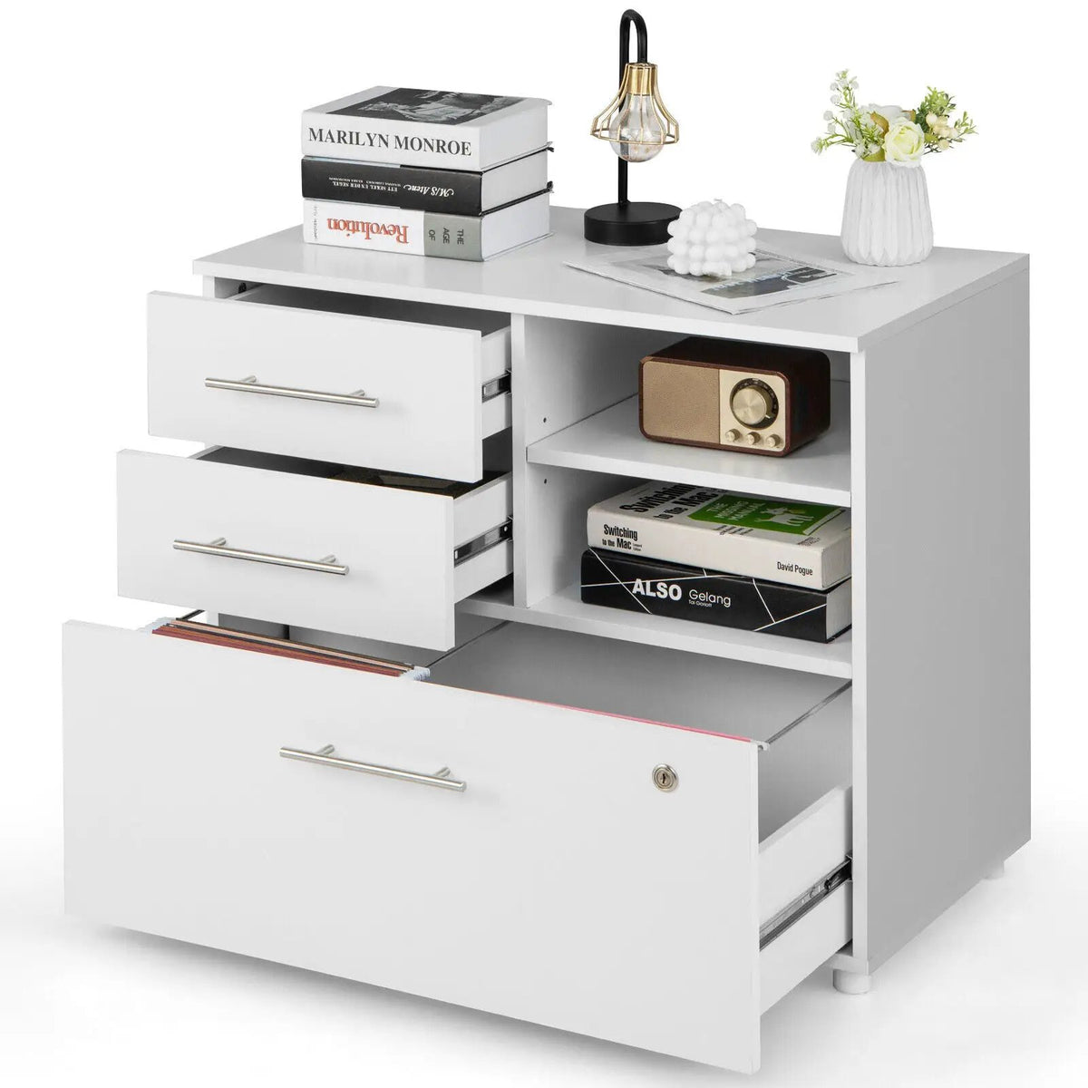 3 Drawer Lateral File Cabinet on Wheels with Storage Shelves, photo 12 of 16