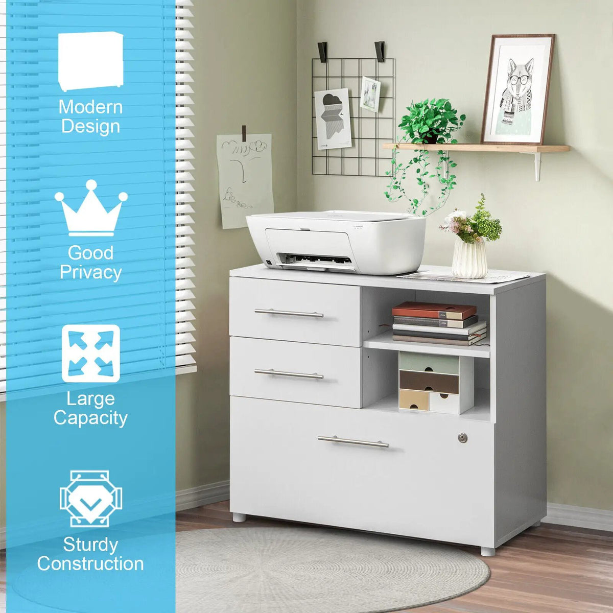 3 Drawer Lateral File Cabinet on Wheels with Storage Shelves, detail 2