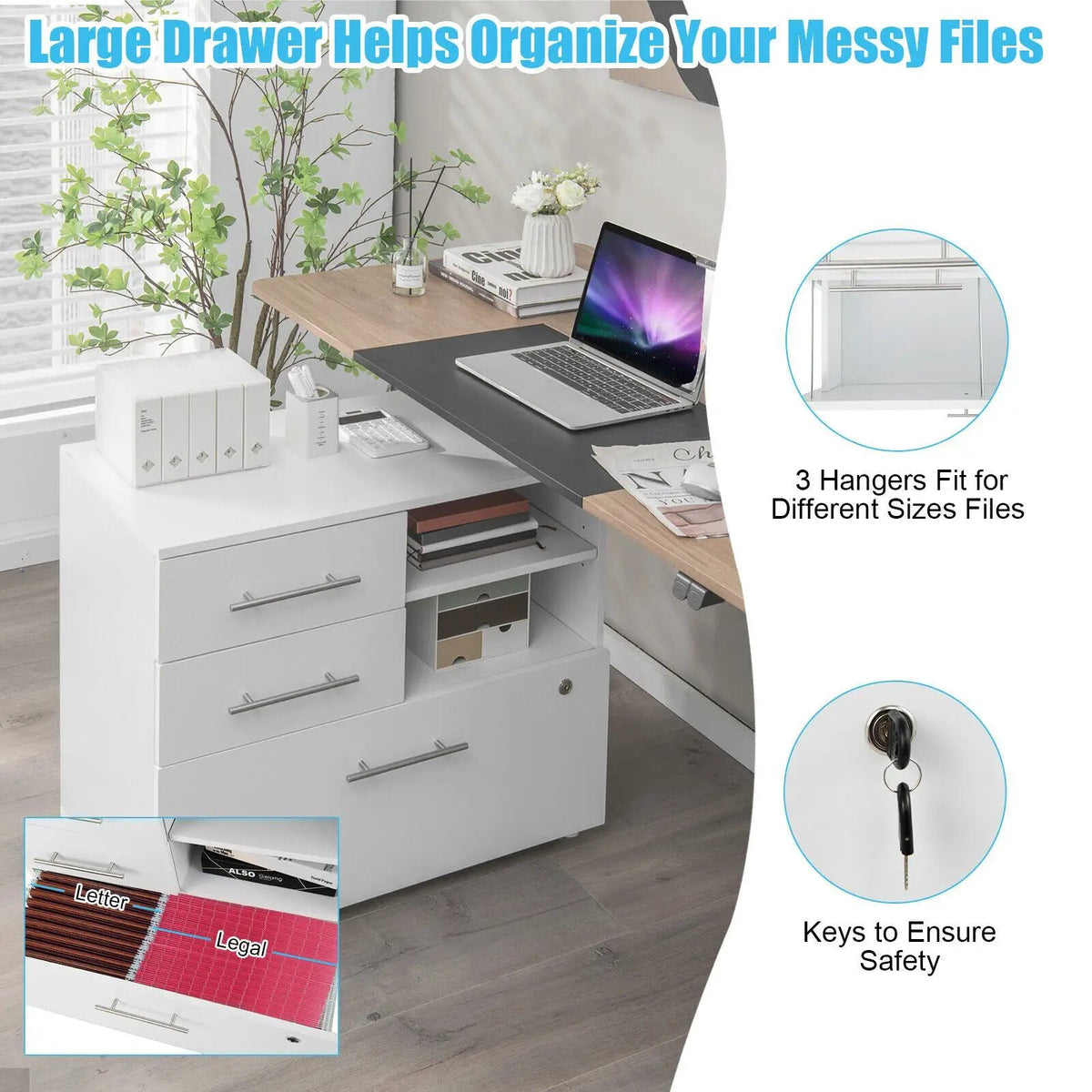3 Drawer Lateral File Cabinet on Wheels with Storage Shelves, photo 10 of 16