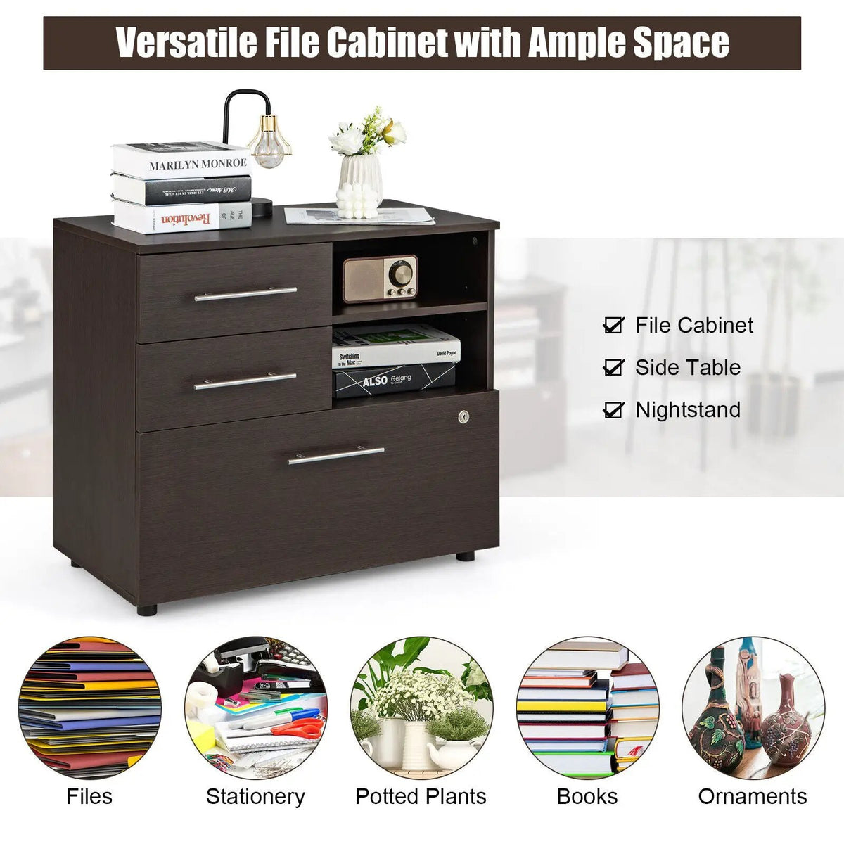 3 Drawer Lateral File Cabinet on Wheels with Storage Shelves, photo 15 of 16