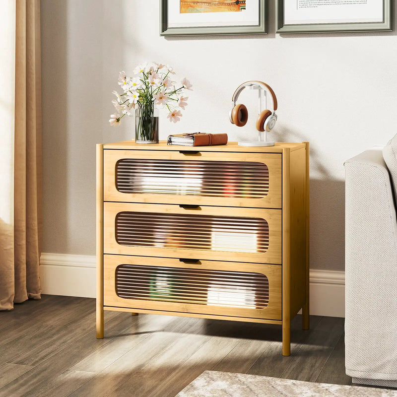 3 Drawer Mid Century Modern Chest of Drawers with Reeded Tempered Glass Front-Natural by DirectDeals