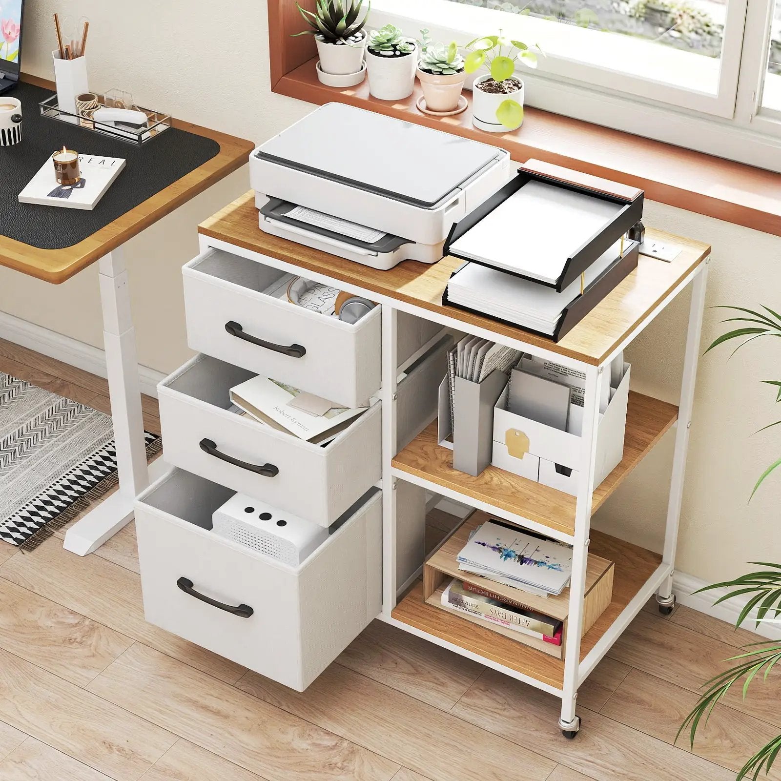 3 Drawer Mobile File Cabinet with Charging Station Rolling Printer Stand with Open Storage Shelves by DirectDeals