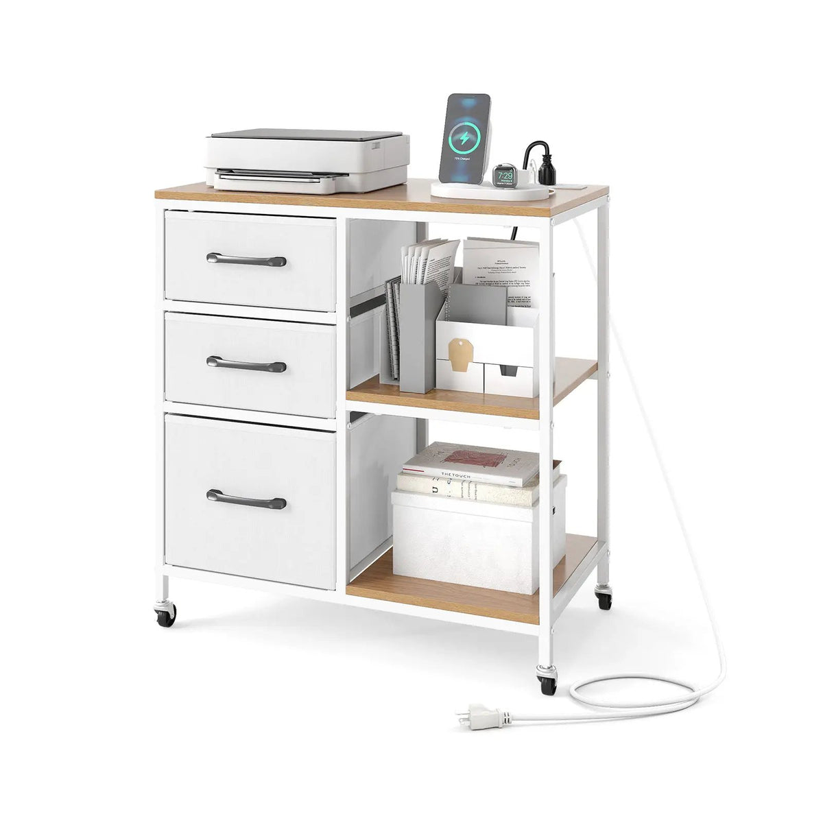 3 Drawer Mobile File Cabinet with Charging Station Rolling Printer Stand with Open Storage Shelves, photo 5 of 16
