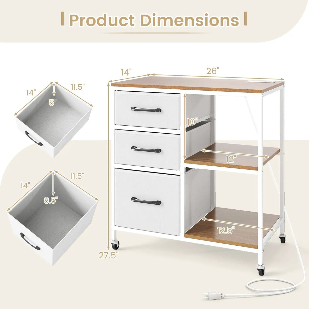 3 Drawer Mobile File Cabinet with Charging Station Rolling Printer Stand with Open Storage Shelves, photo 9 of 16