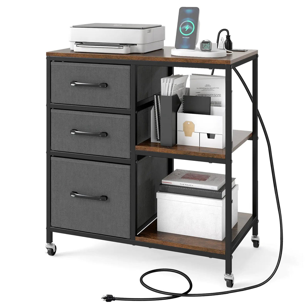 3 Drawer Mobile File Cabinet with Charging Station Rolling Printer Stand with Open Storage Shelves, photo 8 of 16