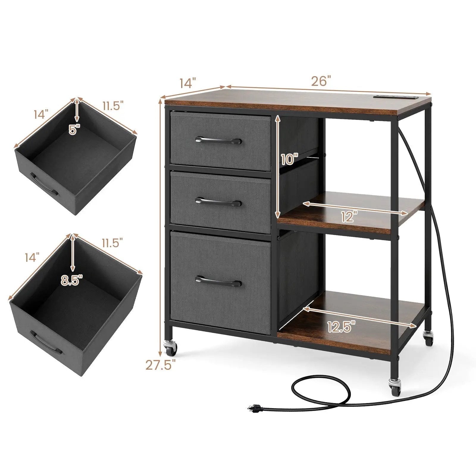 3 Drawer Mobile File Cabinet with Charging Station Rolling Printer Stand with Open Storage Shelves by DirectDeals