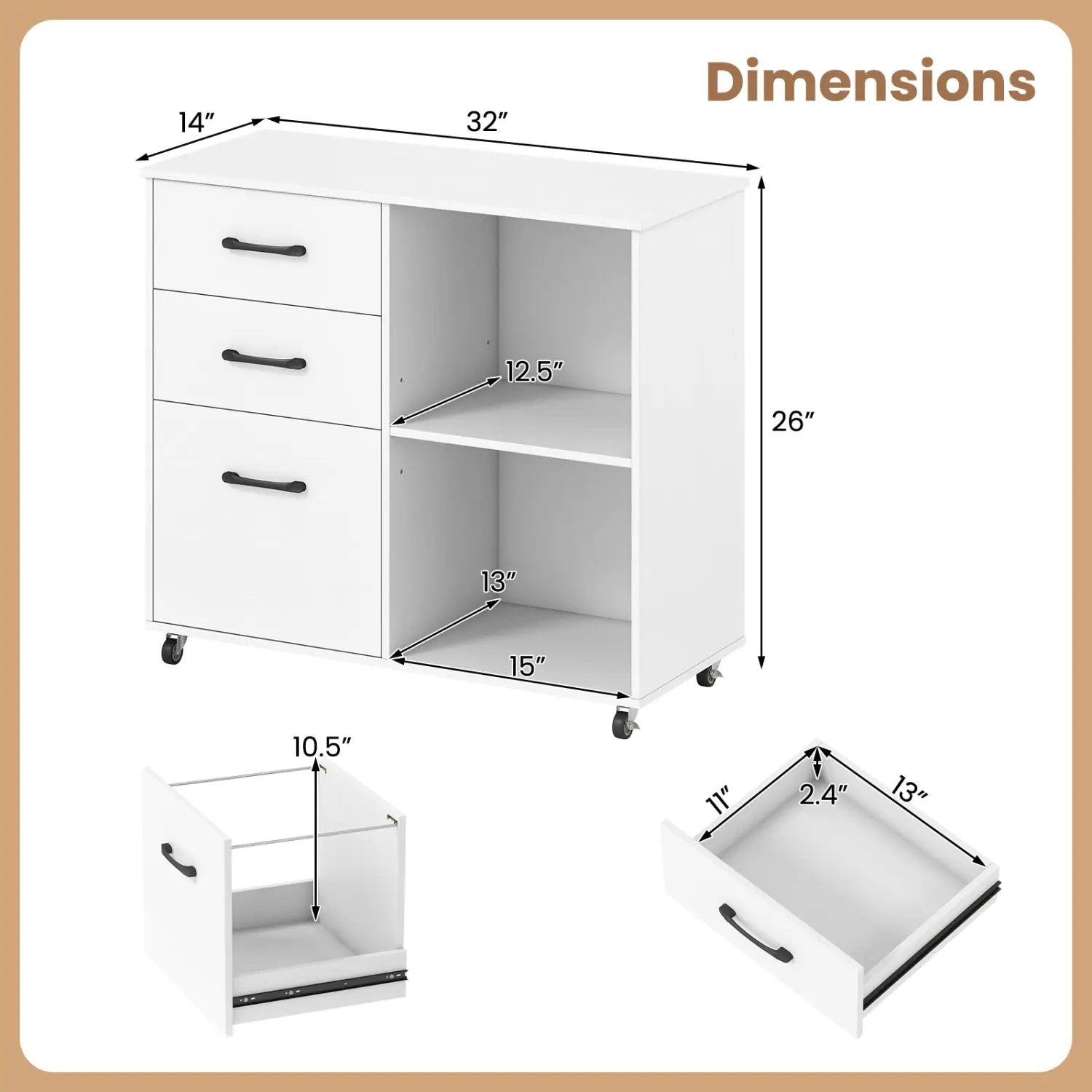 3-Drawer Mobile File Cabinet with Open Storage Shelves by DirectDeals