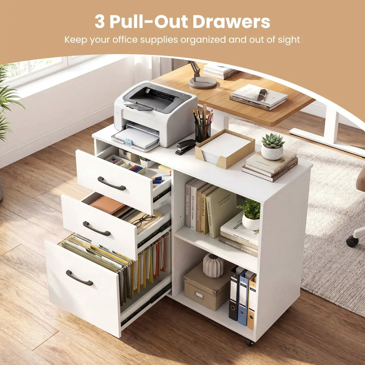 3-Drawer Mobile File Cabinet with Open Storage Shelves by DirectDeals