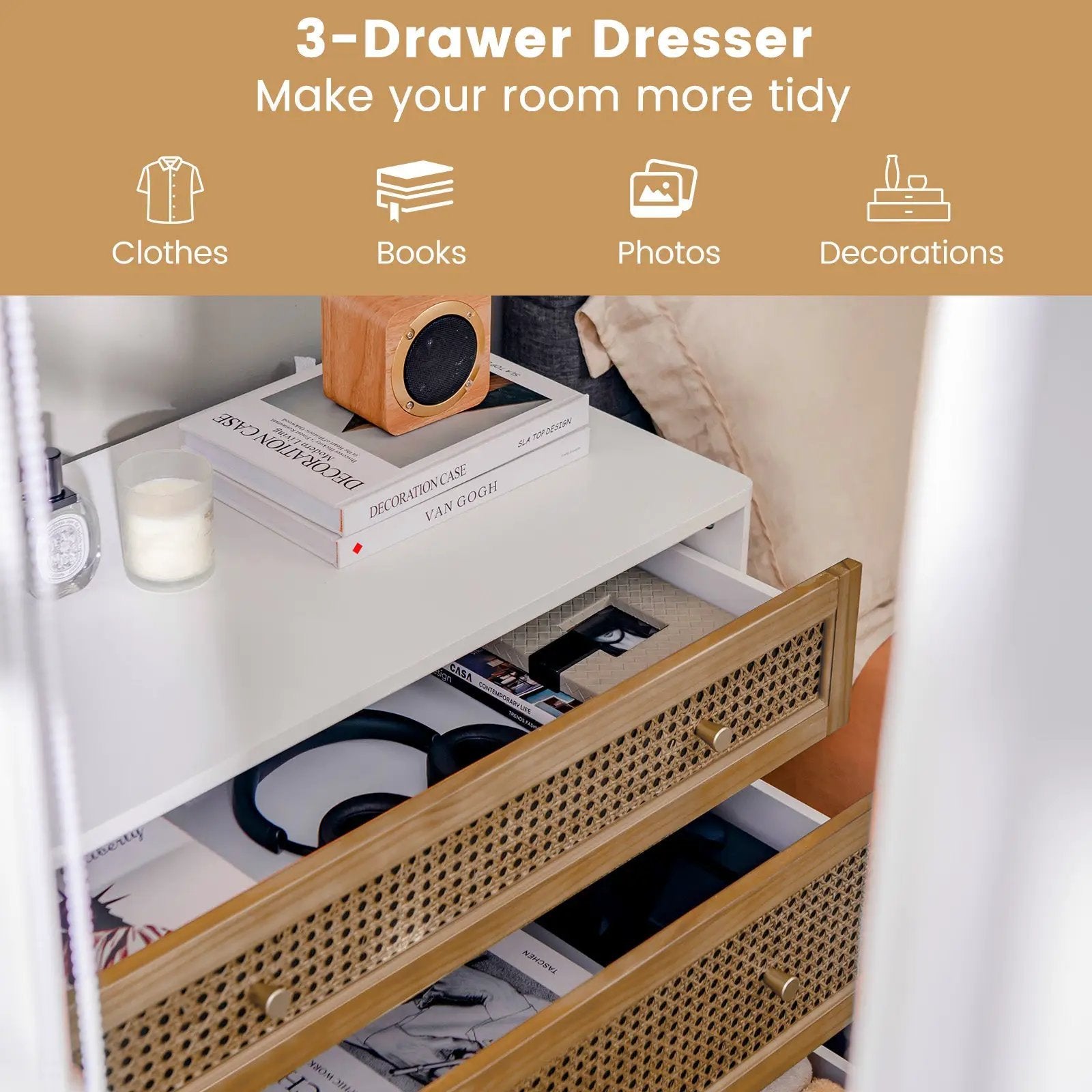 3-Drawer Rattan Dresser Chest with Anti-toppling Device-Brown by DirectDeals