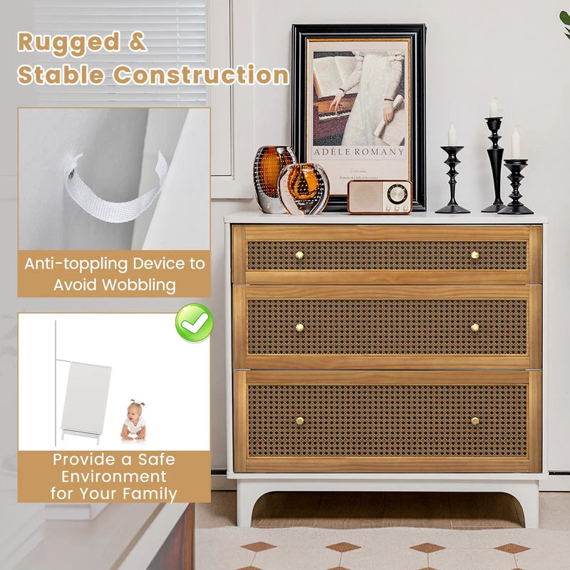 3-Drawer Rattan Dresser Chest with Anti-toppling Device-Brown by DirectDeals