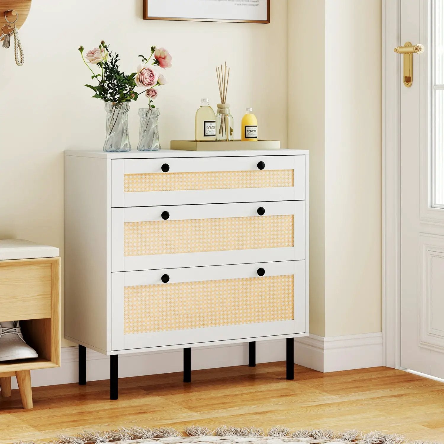 3-Drawer Rattan Nightstand Boho Chest of Drawers for Bedroom by DirectDeals