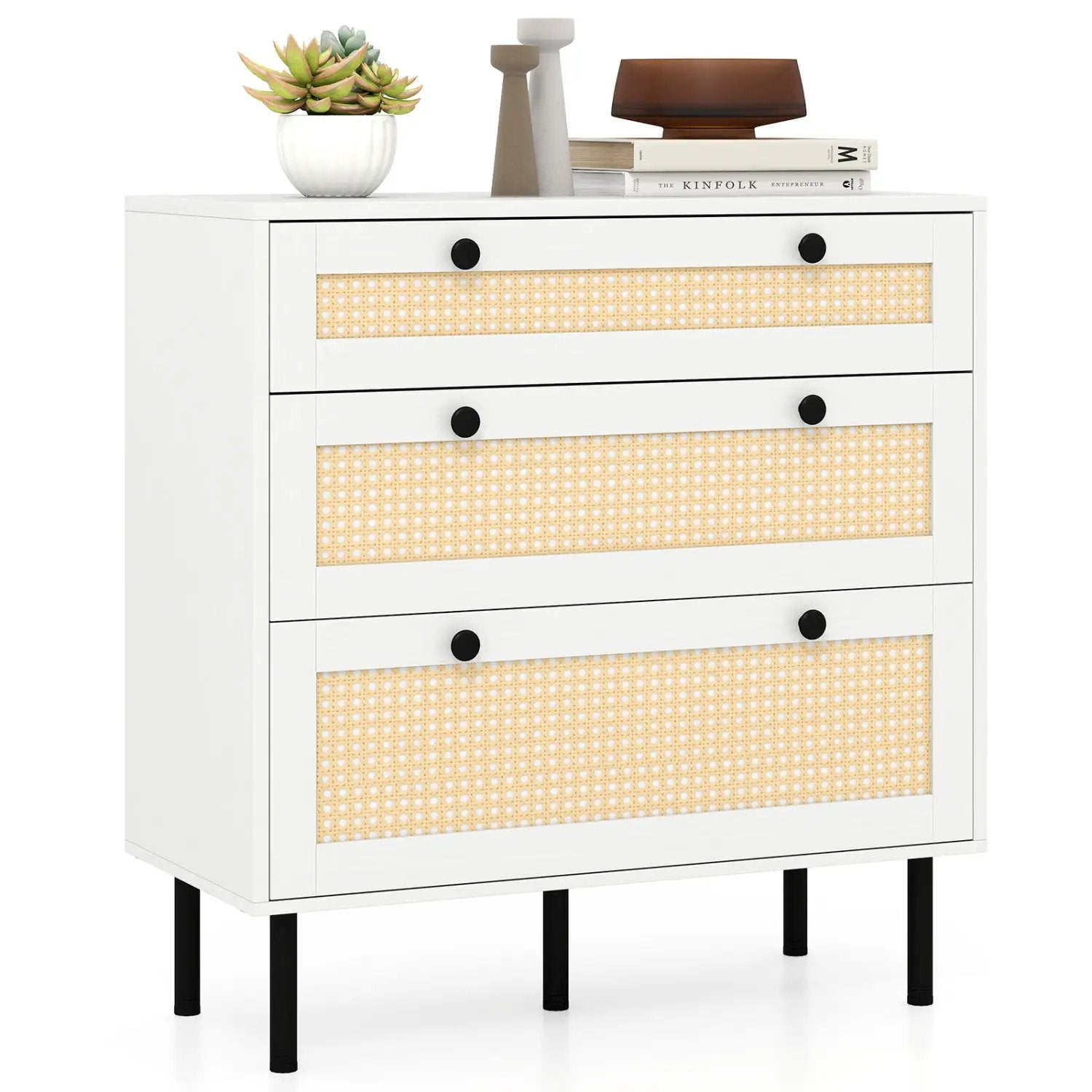 3-Drawer Rattan Nightstand Boho Chest of Drawers for Bedroom by DirectDeals