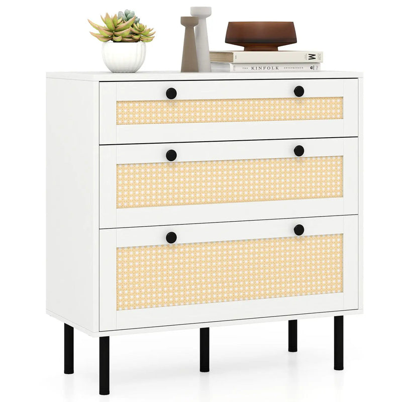 3-Drawer Rattan Nightstand Boho Chest of Drawers for Bedroom by DirectDeals