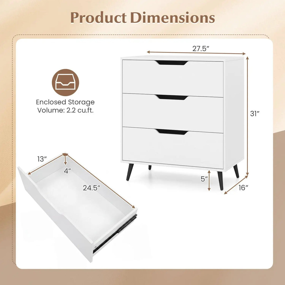 3-Drawer Wooden Dresser with Metal Legs - Rustic Farmhouse, photo 13 of 16