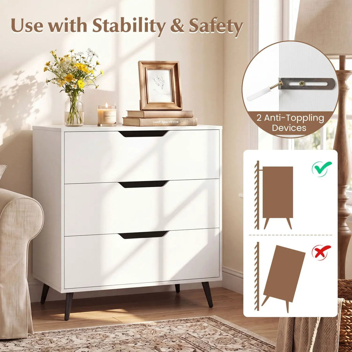 3-Drawer Wooden Dresser with Metal Legs - Rustic Farmhouse, photo 16 of 16