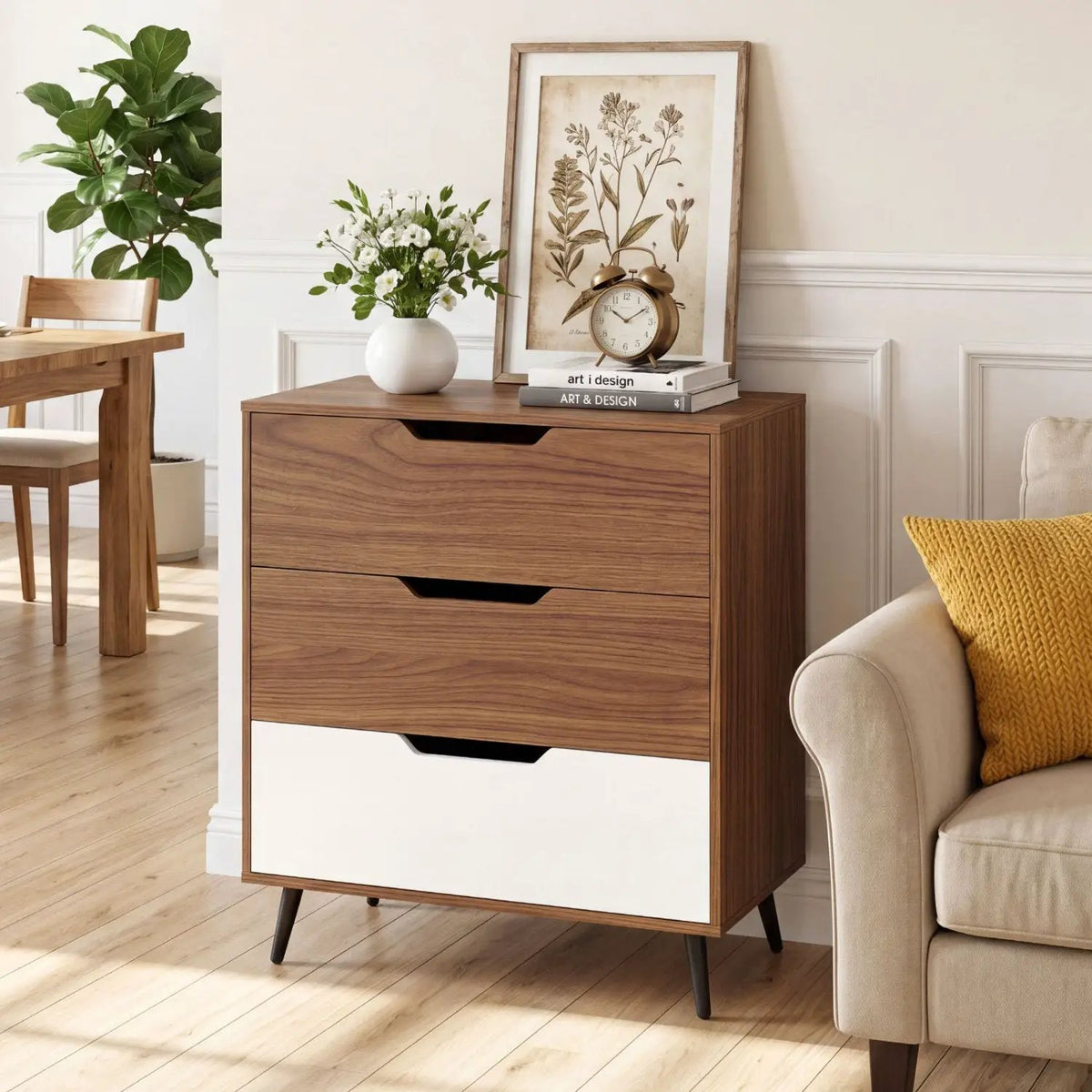 3-Drawer Wooden Dresser with Metal Legs - Rustic Farmhouse