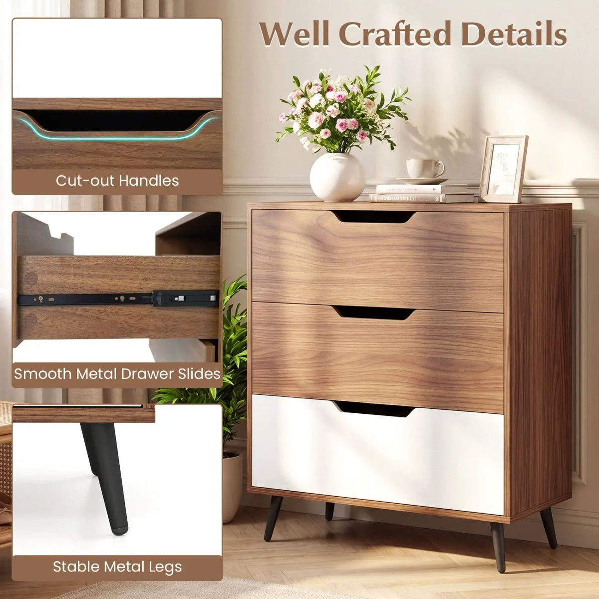 3-Drawer Wooden Dresser with Metal Legs - Rustic Farmhouse, photo 7 of 16