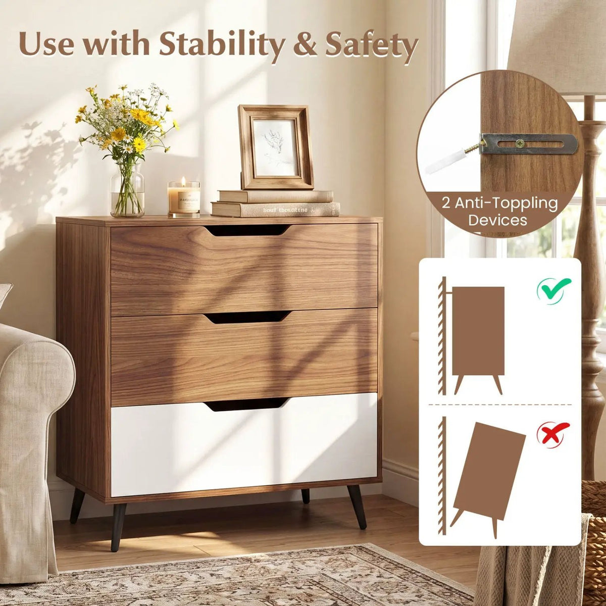 3-Drawer Wooden Dresser with Metal Legs - Rustic Farmhouse, photo 8 of 16