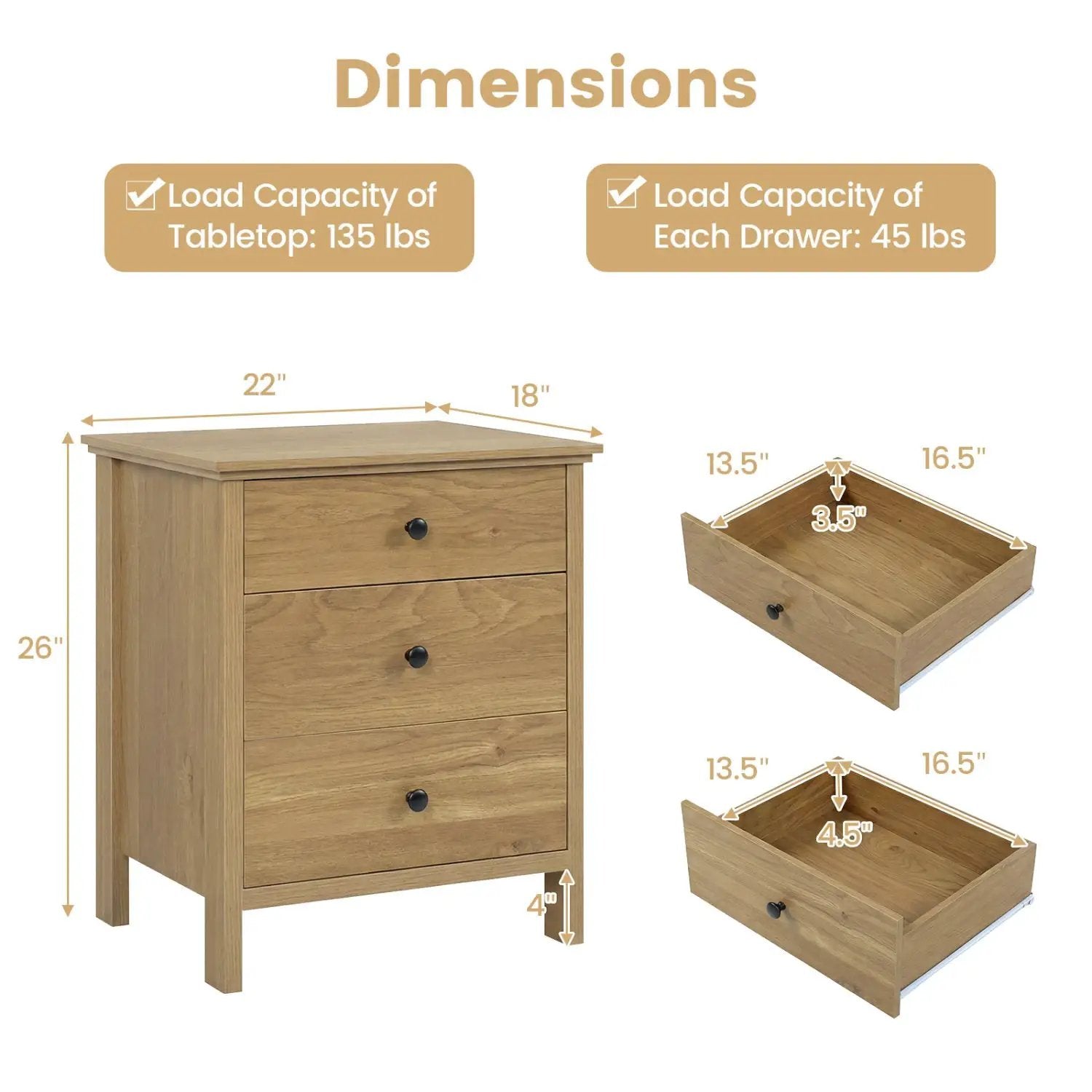 3-Drawer Wooden Nightstand with Metal Slides by DirectDeals