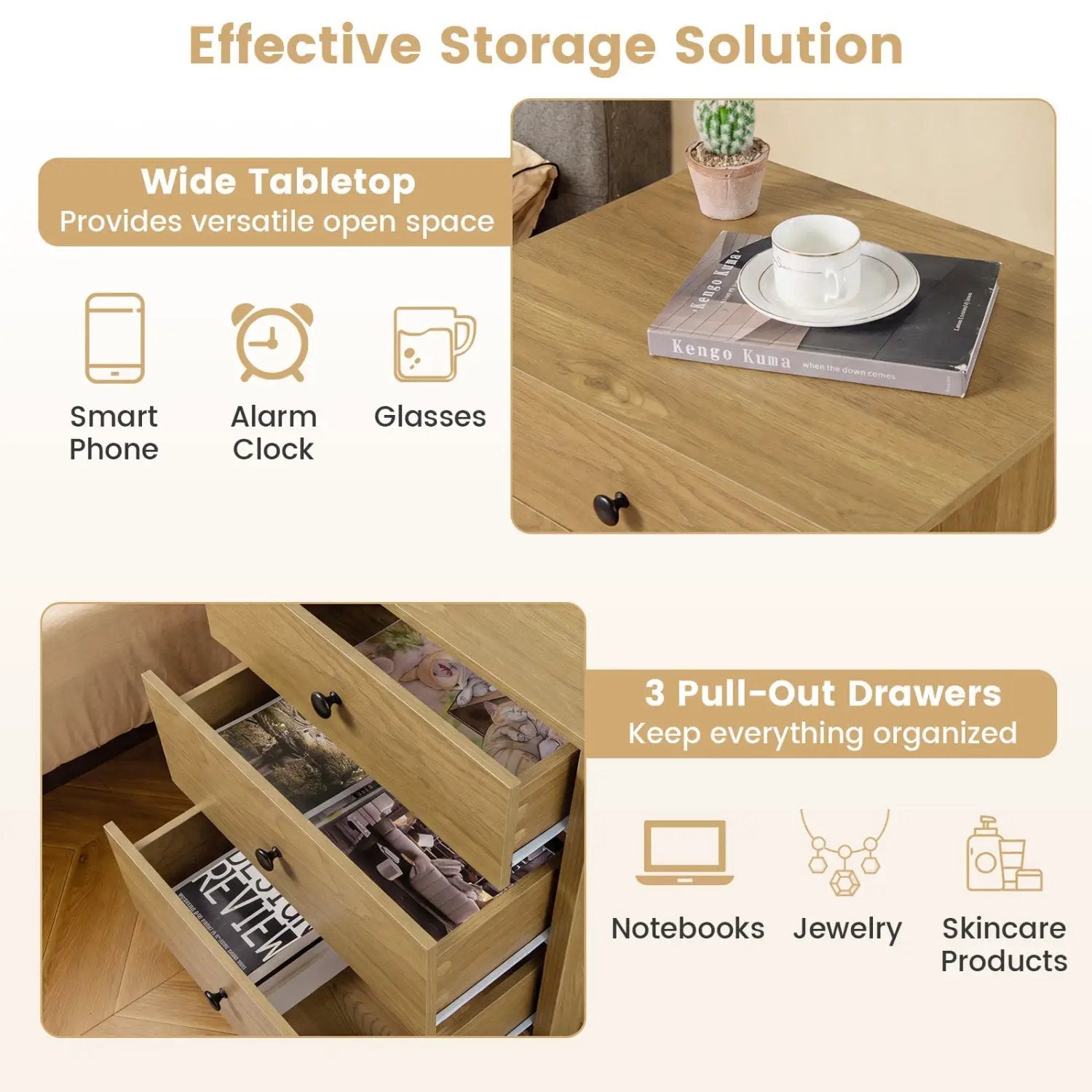 3-Drawer Wooden Nightstand with Metal Slides by DirectDeals