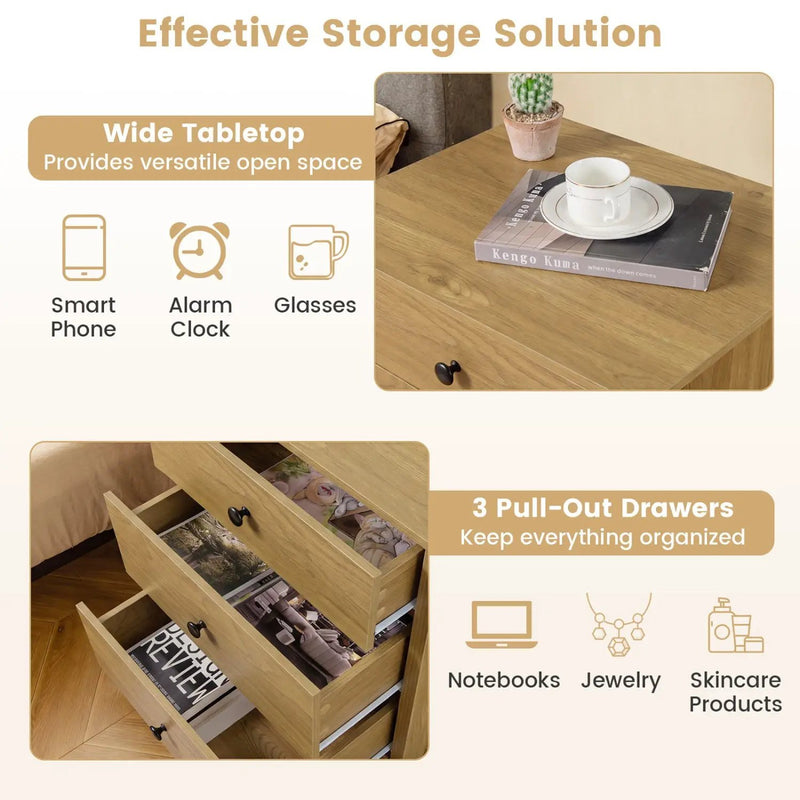 3-Drawer Wooden Nightstand with Metal Slides by DirectDeals