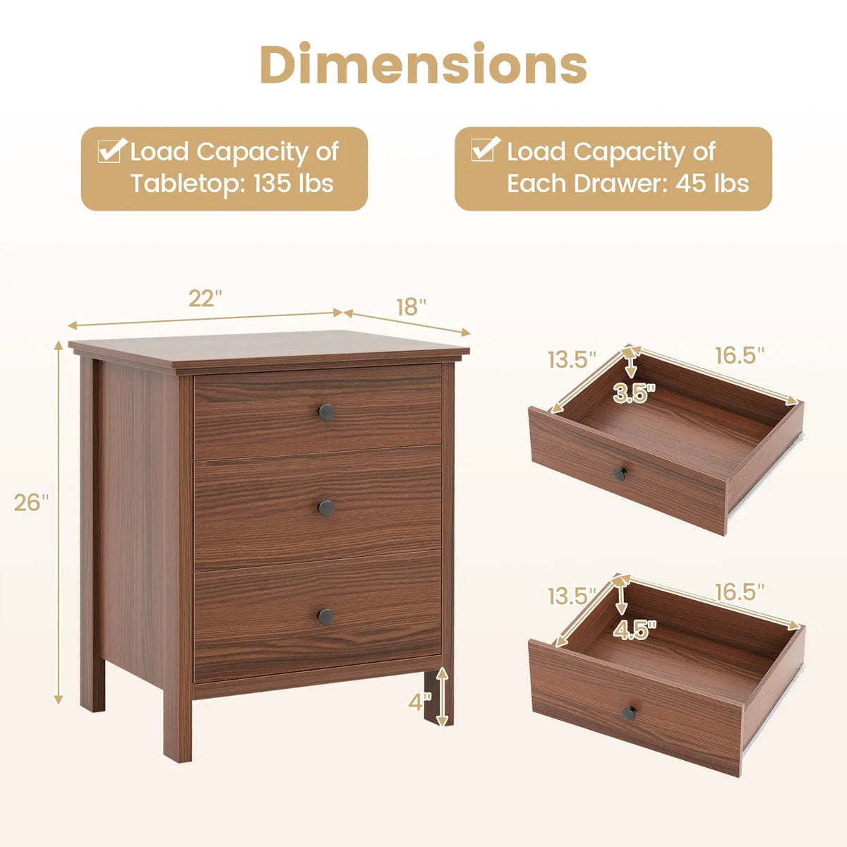 3-Drawer Wooden Nightstand Modern Bedside Table, photo 5 of 10