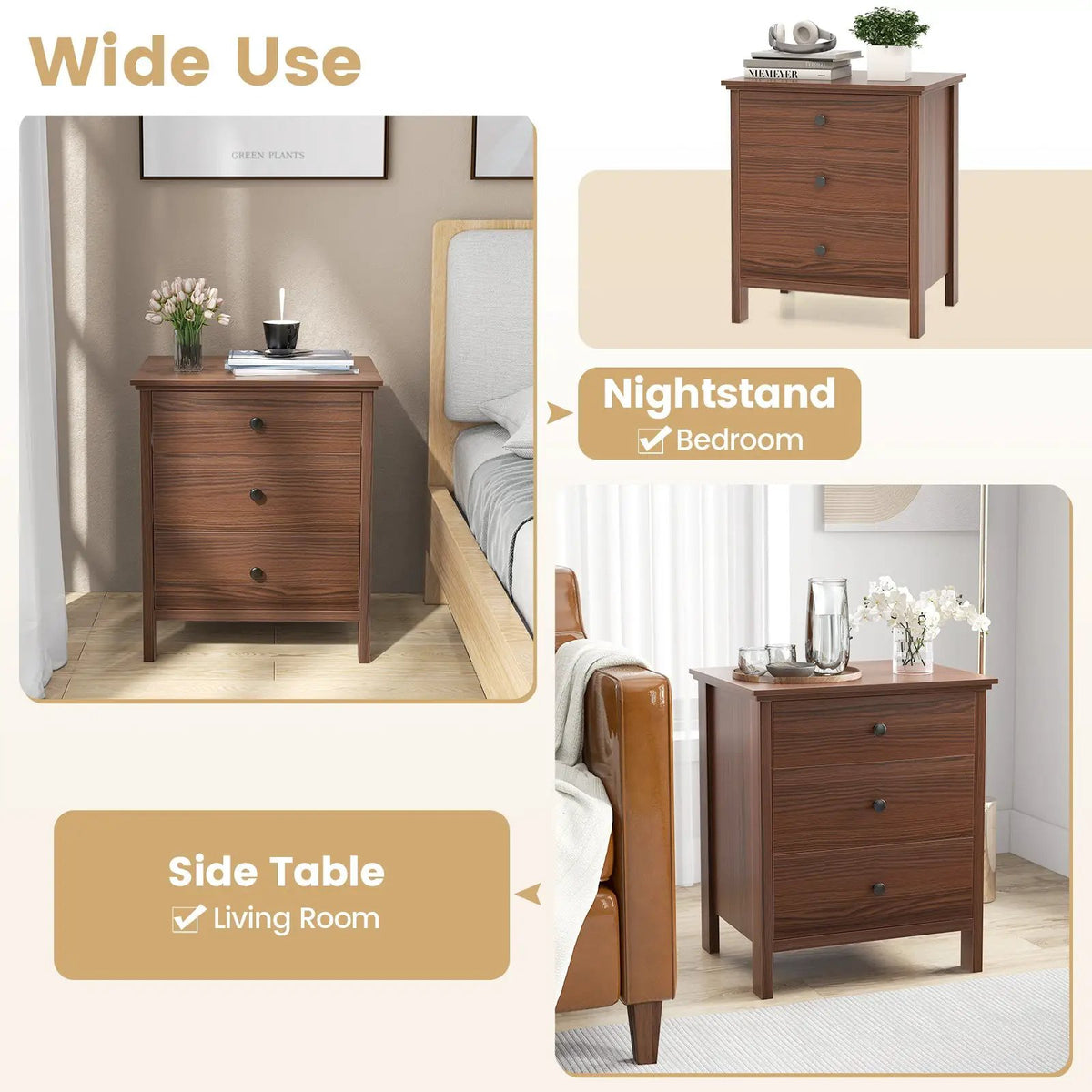 3-Drawer Wooden Nightstand Modern Bedside Table, photo 6 of 10