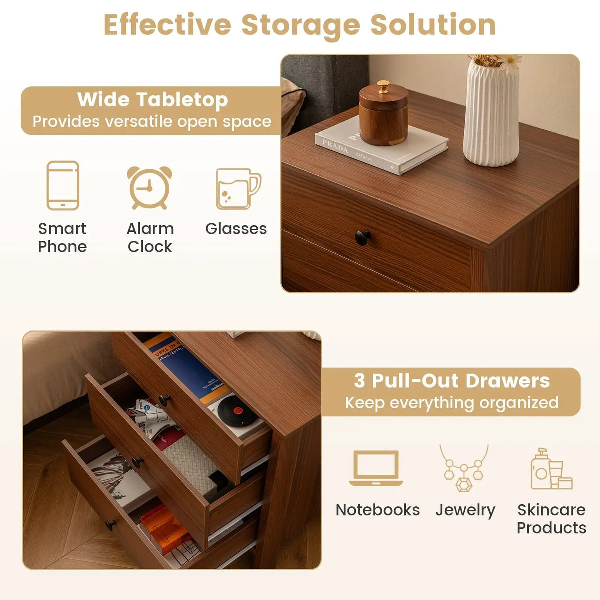 3-Drawer Wooden Nightstand Modern Bedside Table, photo 8 of 10