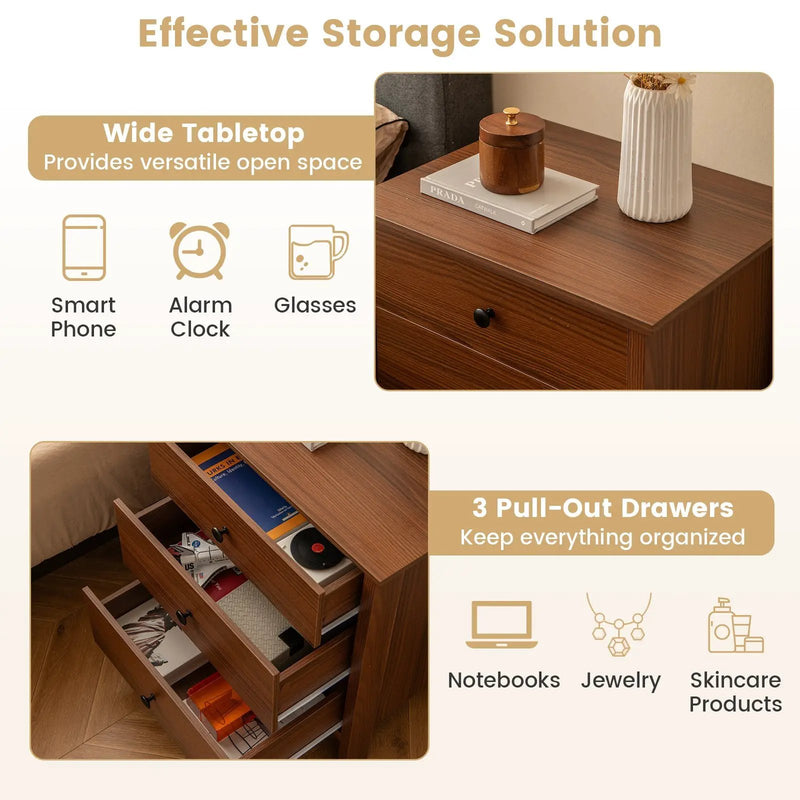 3-Drawer Wooden Nightstand Modern Bedside Table by DirectDeals