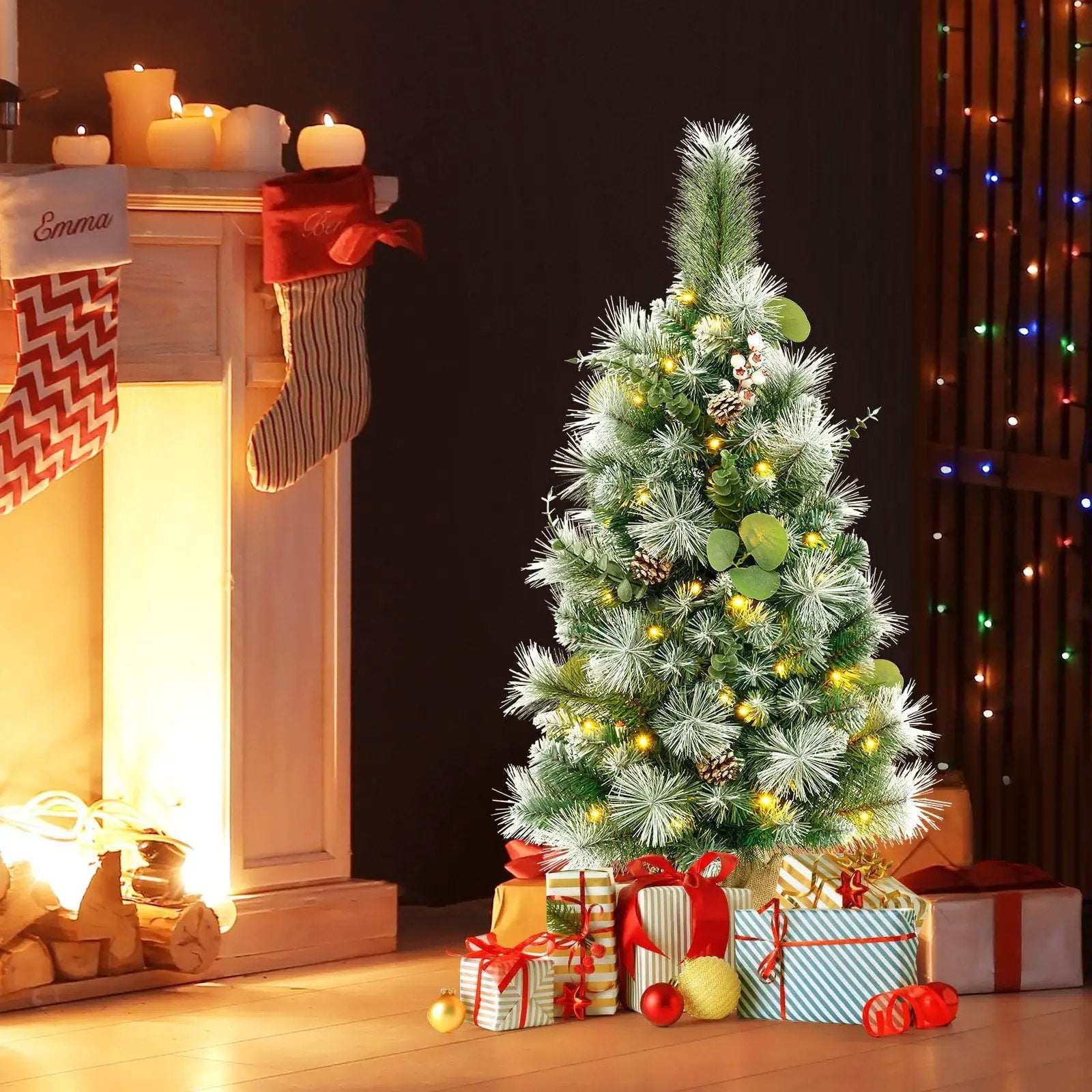 3 FT Pre-Lit Artificial Mini Christmas Tree with 98 Flocked PVC and Pine Needles by DirectDeals