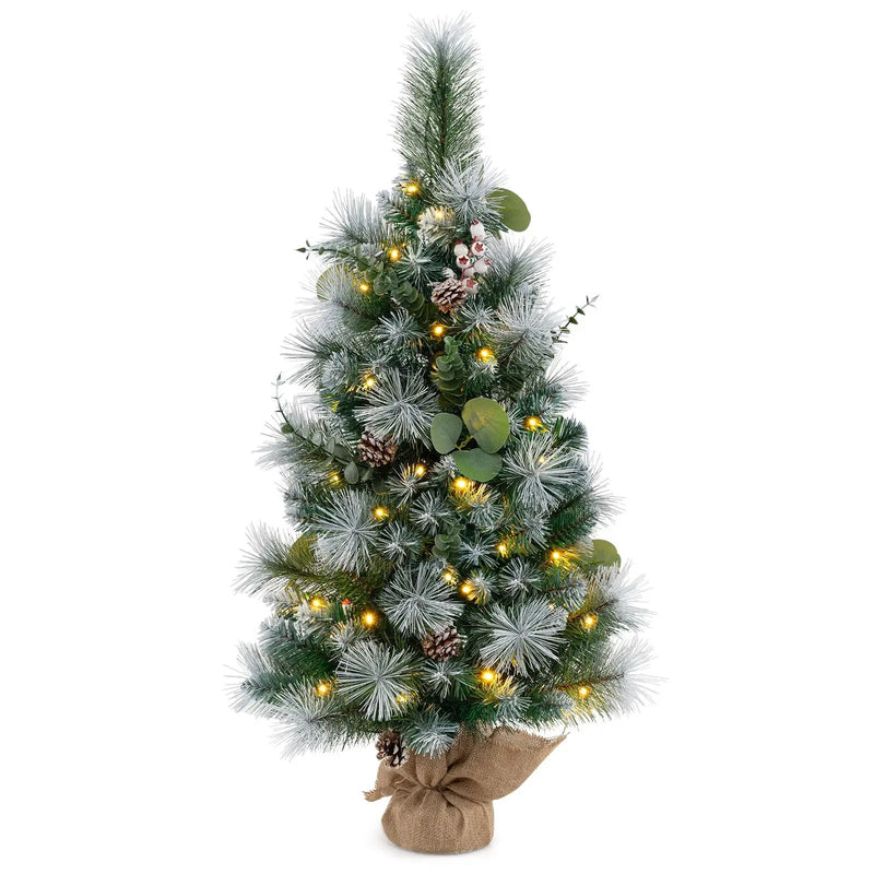 3 FT Pre-Lit Artificial Mini Christmas Tree with 98 Flocked PVC and Pine Needles by DirectDeals