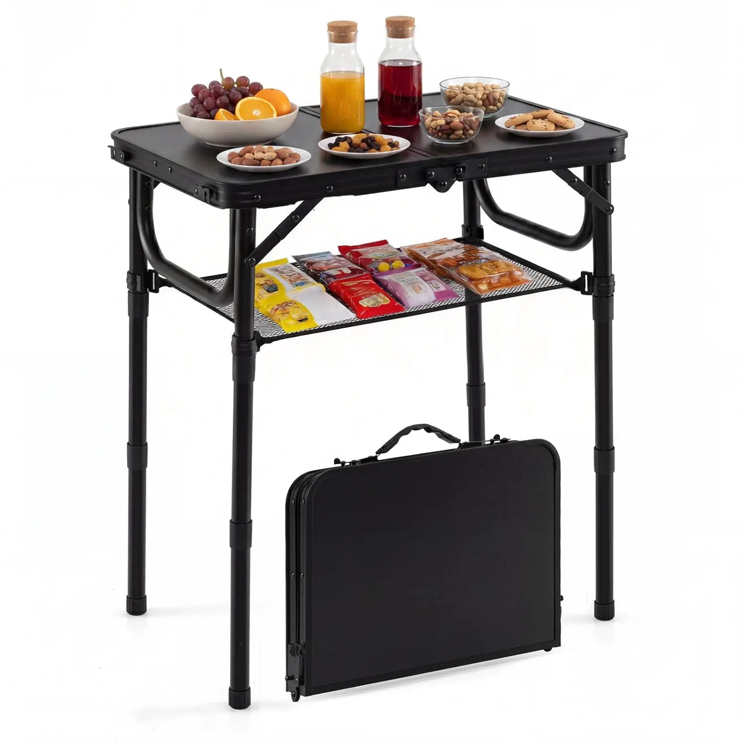 3-Height Folding Camping Table with Large Storage Net & Handle by DirectDeals