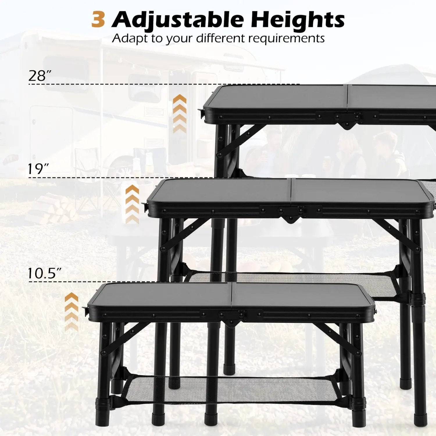 3-Height Folding Camping Table with Large Storage Net & Handle by DirectDeals