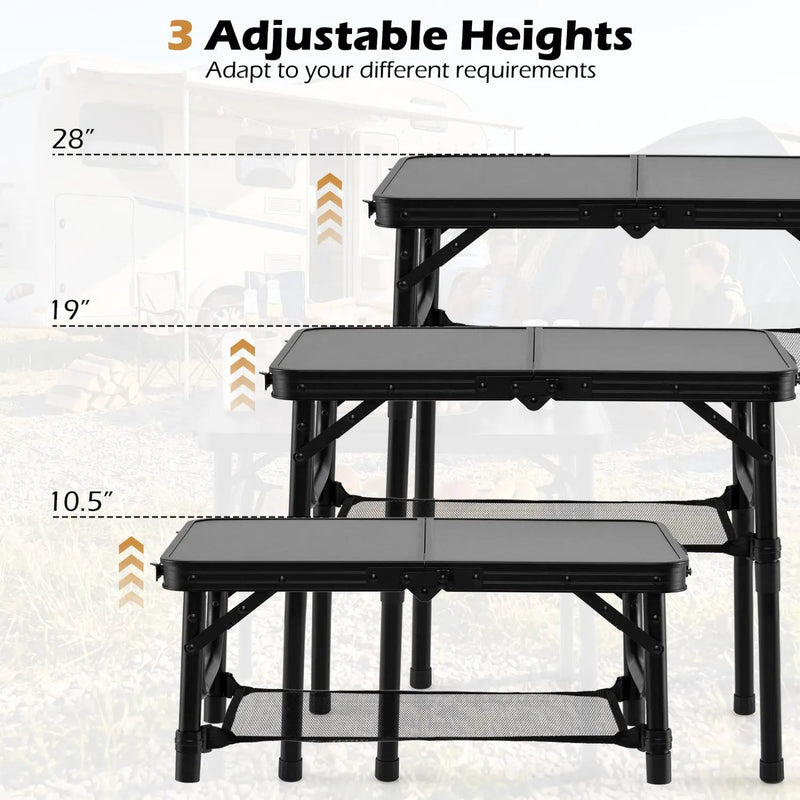 3-Height Folding Camping Table with Large Storage Net & Handle by DirectDeals
