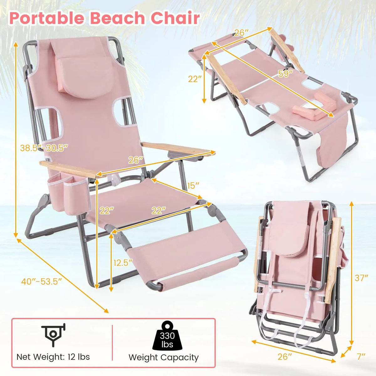 3-IN-1 Foldable Beach Chair with Footrest and Adjustable Backrest, photo 14 of 24