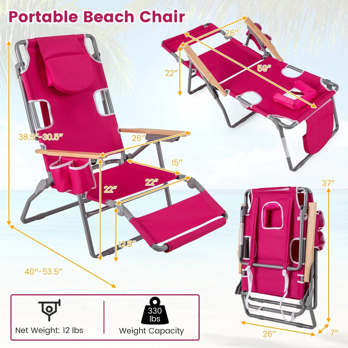 3-IN-1 Foldable Beach Chair with Footrest and Adjustable Backrest, photo 13 of 24