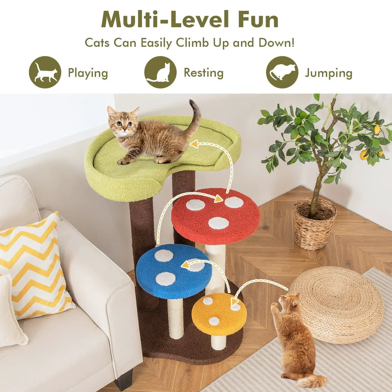 3-In-1 Cat Tree 3 Full-Wrapped Sisal Posts Removable Mat and Platforms-Multicolor by DirectDeals
