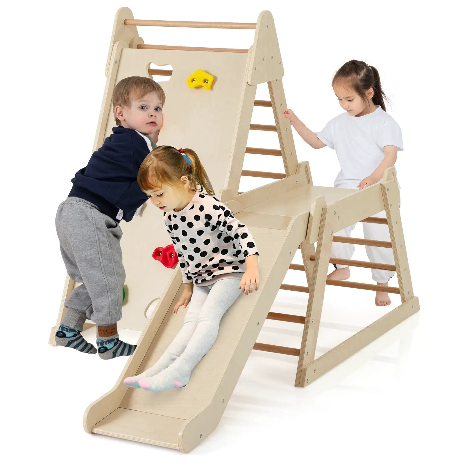 3-In 1 Jungle Gym Indoor Playground with Extended Slide for Toddlers-Natural by DirectDeals